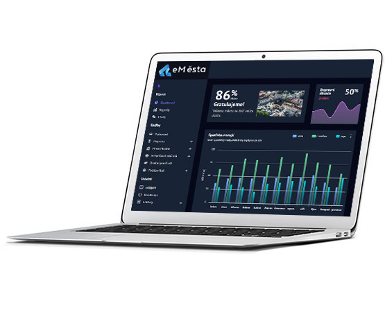 Notebook s otvoreným oknom dashboardu eMestá